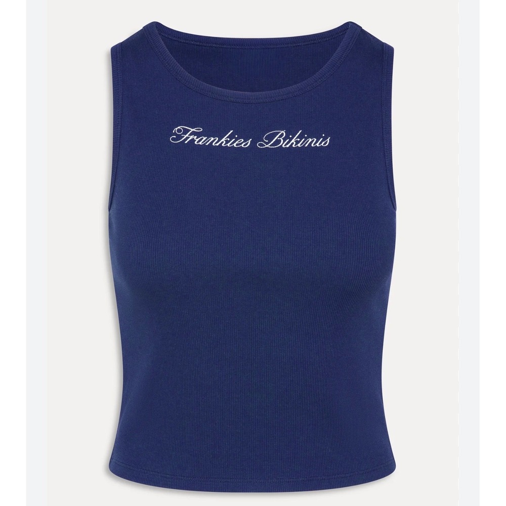 Frankies Bikinis Ribbed Tank Top Womens XS Blue Logo Muscle Tee Sleeveless Slim